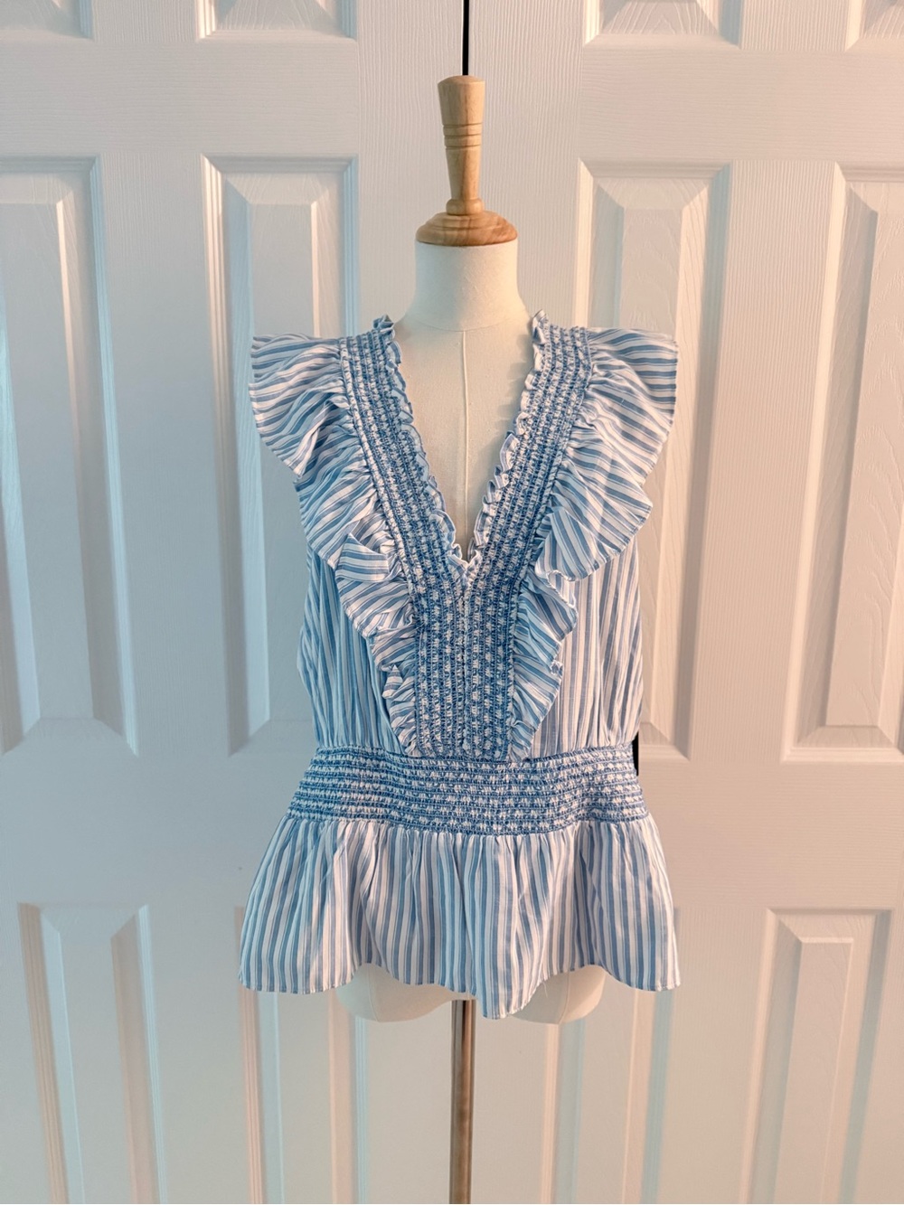 Skies Are Blue Light Blue & White Striped Ruffle V-Neck Peplum Top